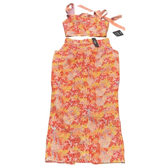 NWT Lulus XS Ellarina Pink Floral Metallic Tie-Strap Two-Piece Dress Midi Maxi - Picture 2 of 16